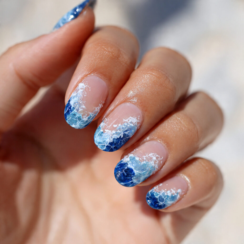 15 Blue Summer Nails That Are Giving Main Character Energy 3 blue ocean wave french tips nail
