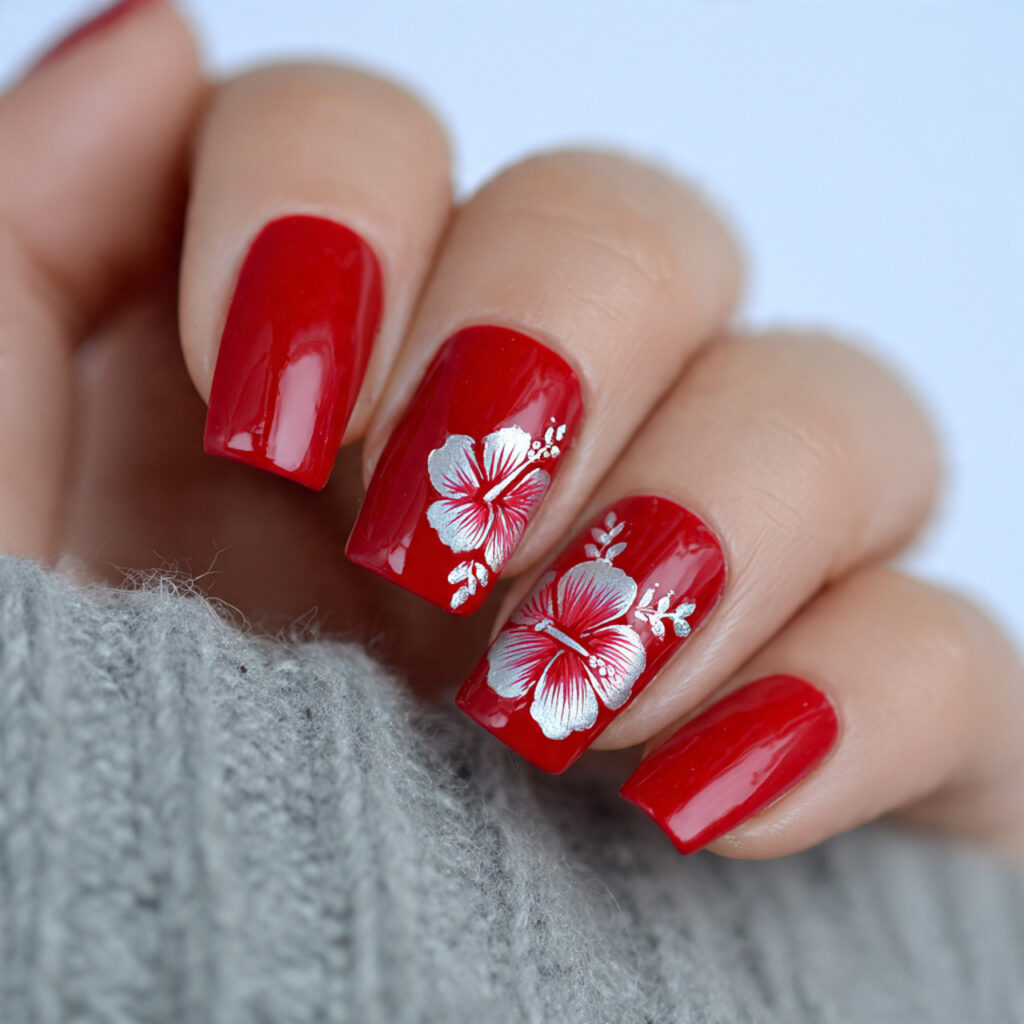 15 Hibiscus Flower Summer Nails That Are Basically a Vacation on Your Hands 2 classic red hibiscus nails