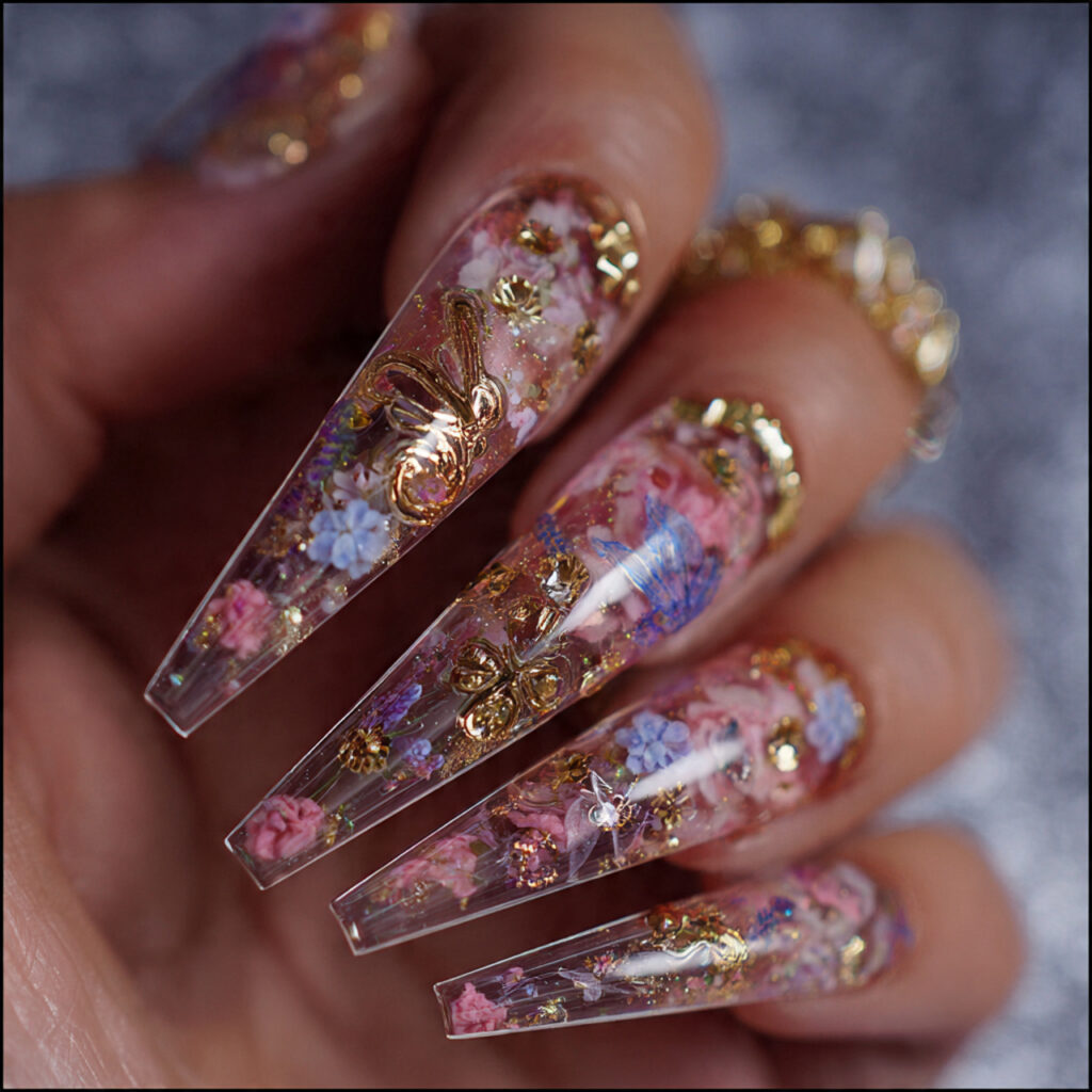 18 Long Summer Nails That Will Have You Booking a Salon Appointment ASAP 8 clear long acrylic nails with embedded designs