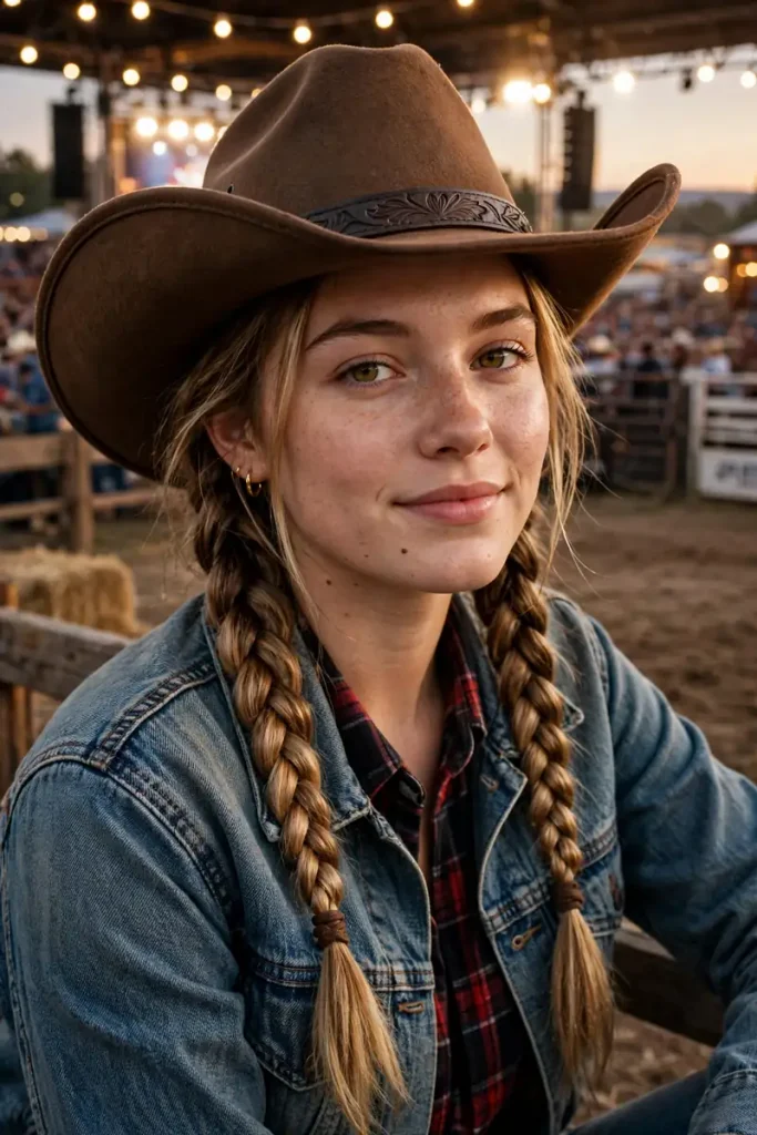 15 Concert Hairstyle Ideas for Every Music Genre 8 concert 07 two low braids cowboy hat