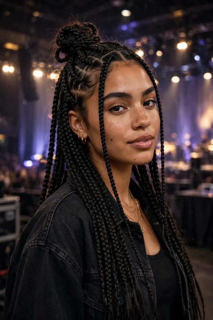 15 Concert Hairstyle Ideas for Every Music Genre 10 concert 09 knotless braids top knot