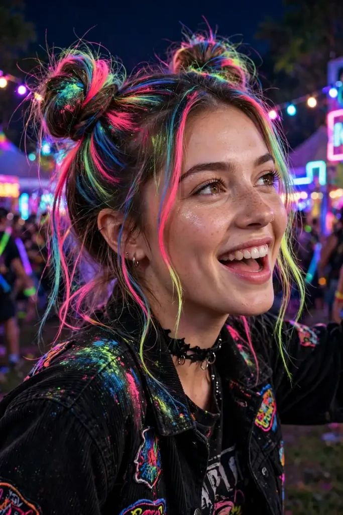 15 Concert Hairstyle Ideas for Every Music Genre 11 concert 10 neon chalk double buns