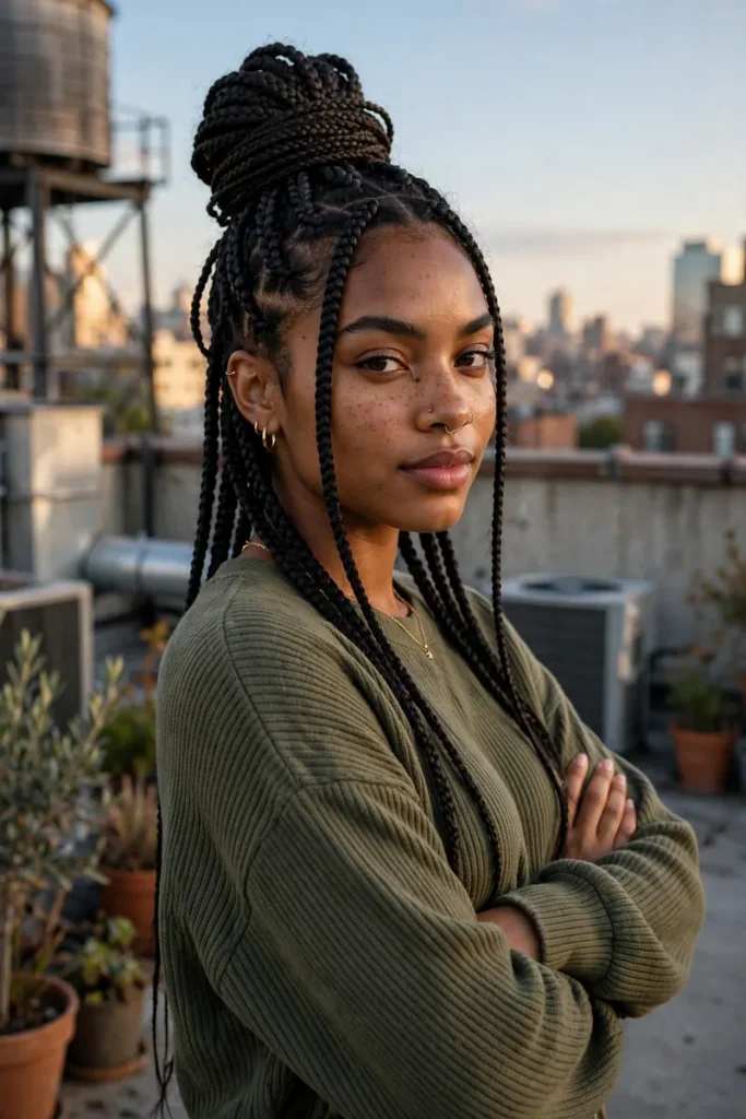 cool 10 box braids high bun