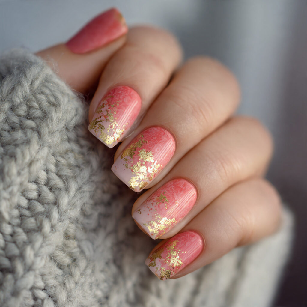 14 Summer Nails Pink and Orange Ideas That Are Literally Too Cute to Ignore 12 coral gradient with gold foil nails