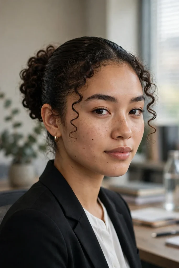 16 Curly Hairstyles for Work, Shaped by Things Actually Said in Office Bathrooms 2 curlywork 01 sleek curly bun