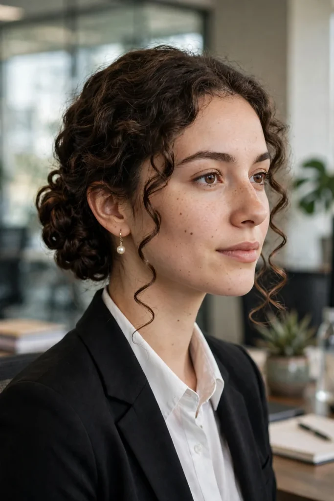 16 Curly Hairstyles for Work, Shaped by Things Actually Said in Office Bathrooms 3 curlywork 02 low twisted curl updo