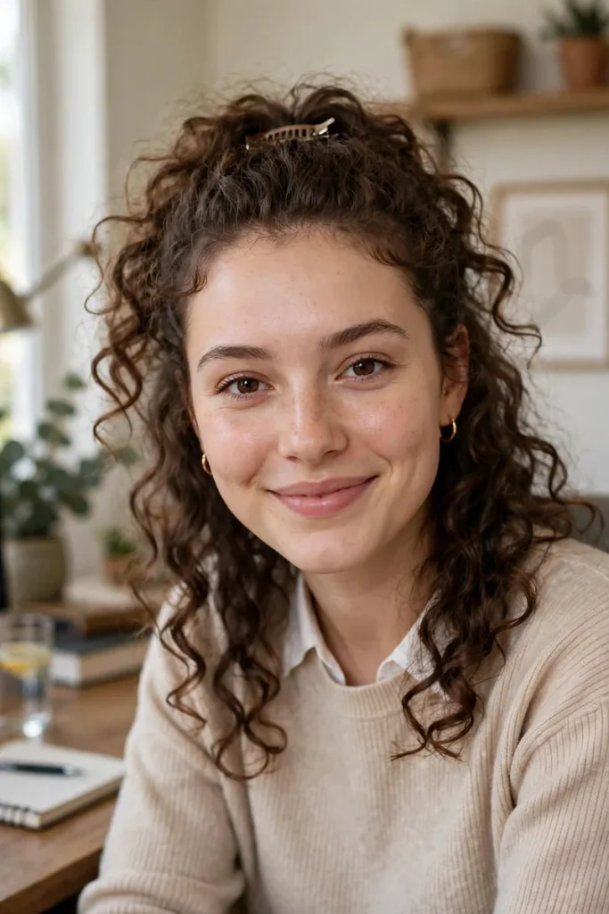 16 Curly Hairstyles for Work, Shaped by Things Actually Said in Office Bathrooms 5 curlywork 04 curly halfup video calls