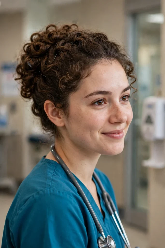 16 Curly Hairstyles for Work, Shaped by Things Actually Said in Office Bathrooms 6 curlywork 05 secured updo patient care