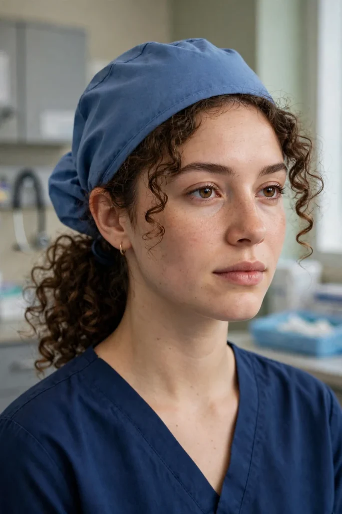 16 Curly Hairstyles for Work, Shaped by Things Actually Said in Office Bathrooms 7 curlywork 06 curly ponytail surgical cap