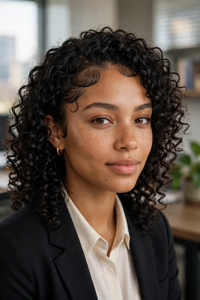 16 Curly Hairstyles for Work, Shaped by Things Actually Said in Office Bathrooms 10 curlywork 09 defined washgo edge control