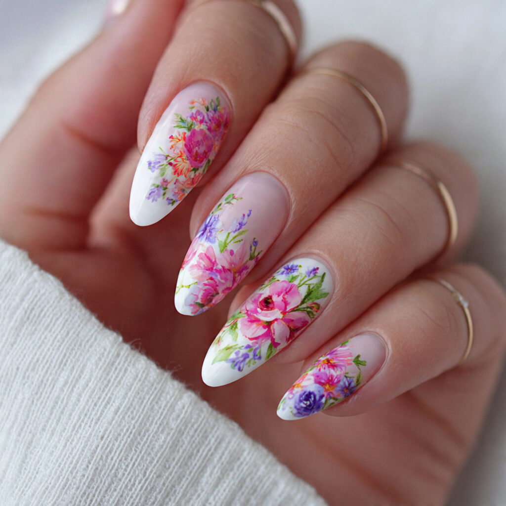 14 Summer Almond Nails That Are So Cute You’ll Want a New Set Every Week 9 floral almond nails