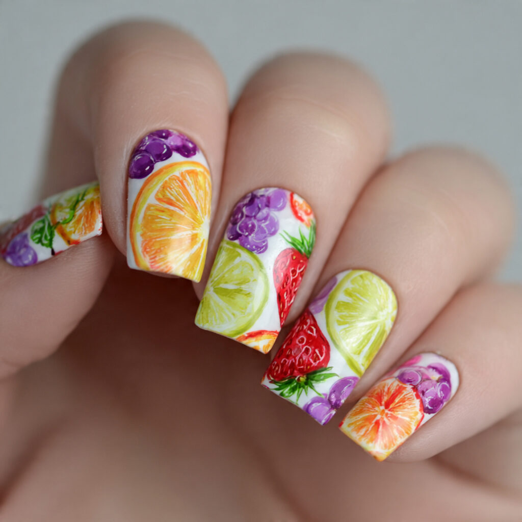 16 Summer Nails for Kids That Are So Cute You’ll Want Them Too 5 fruit salad nails 1