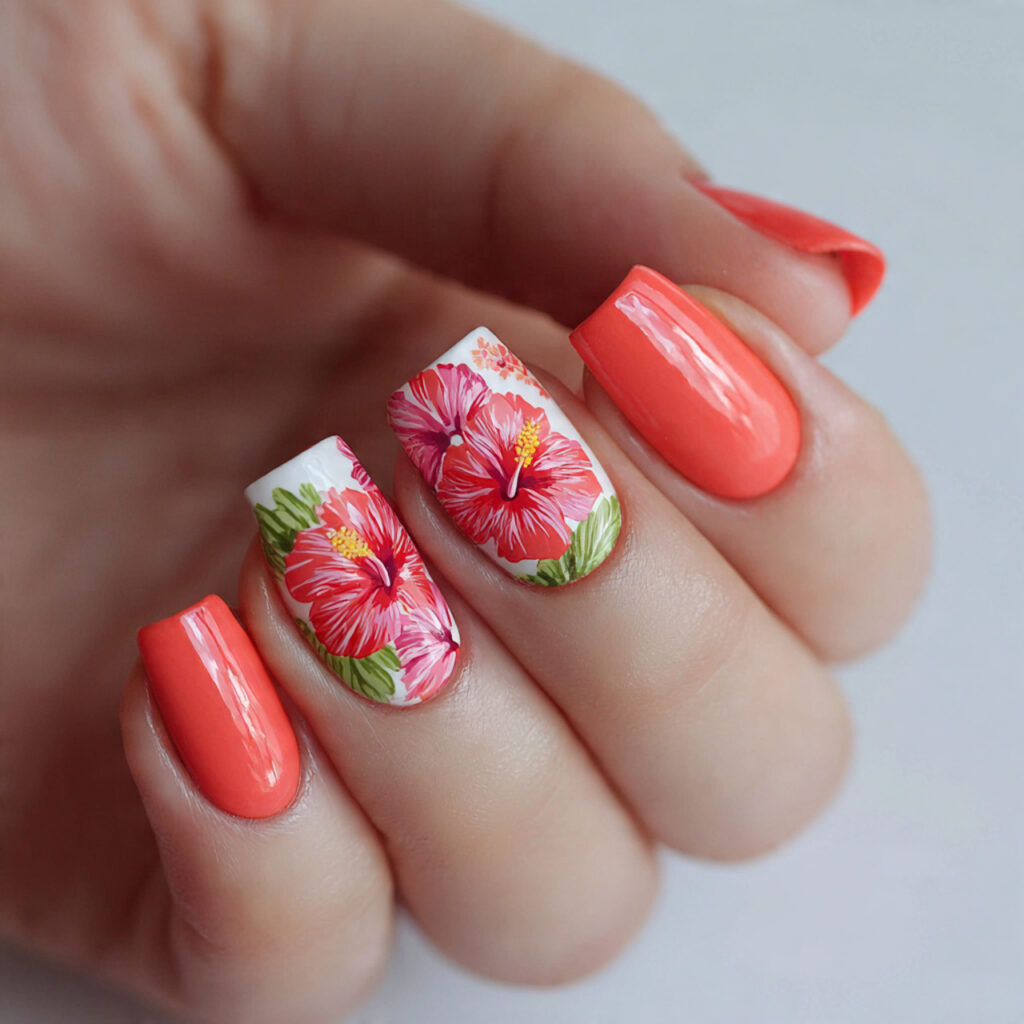 15 Hibiscus Flower Summer Nails That Are Basically a Vacation on Your Hands 8 glossy coral hibiscus nails