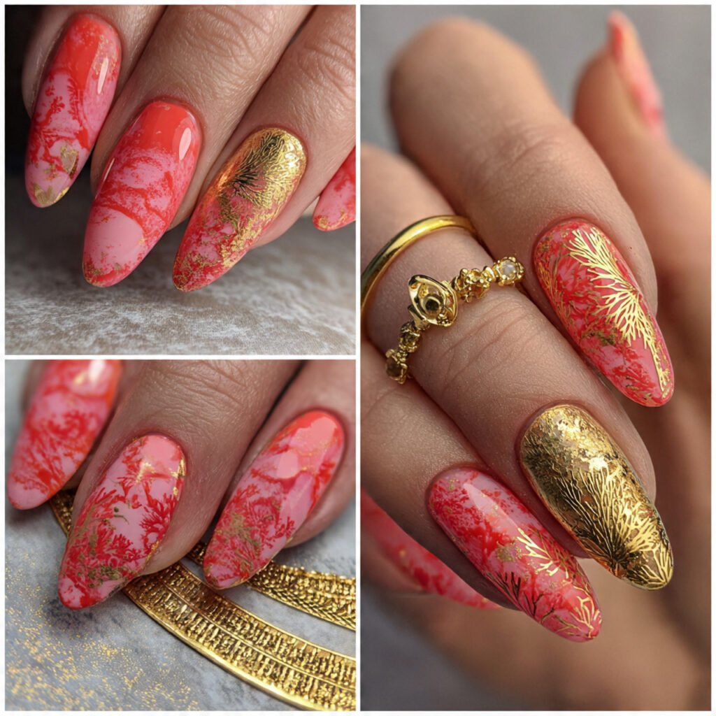 17 Gold Summer Nails That Scream “Main Character Energy” (Because Basic Just Isn’t It) 17 gold and coral combo