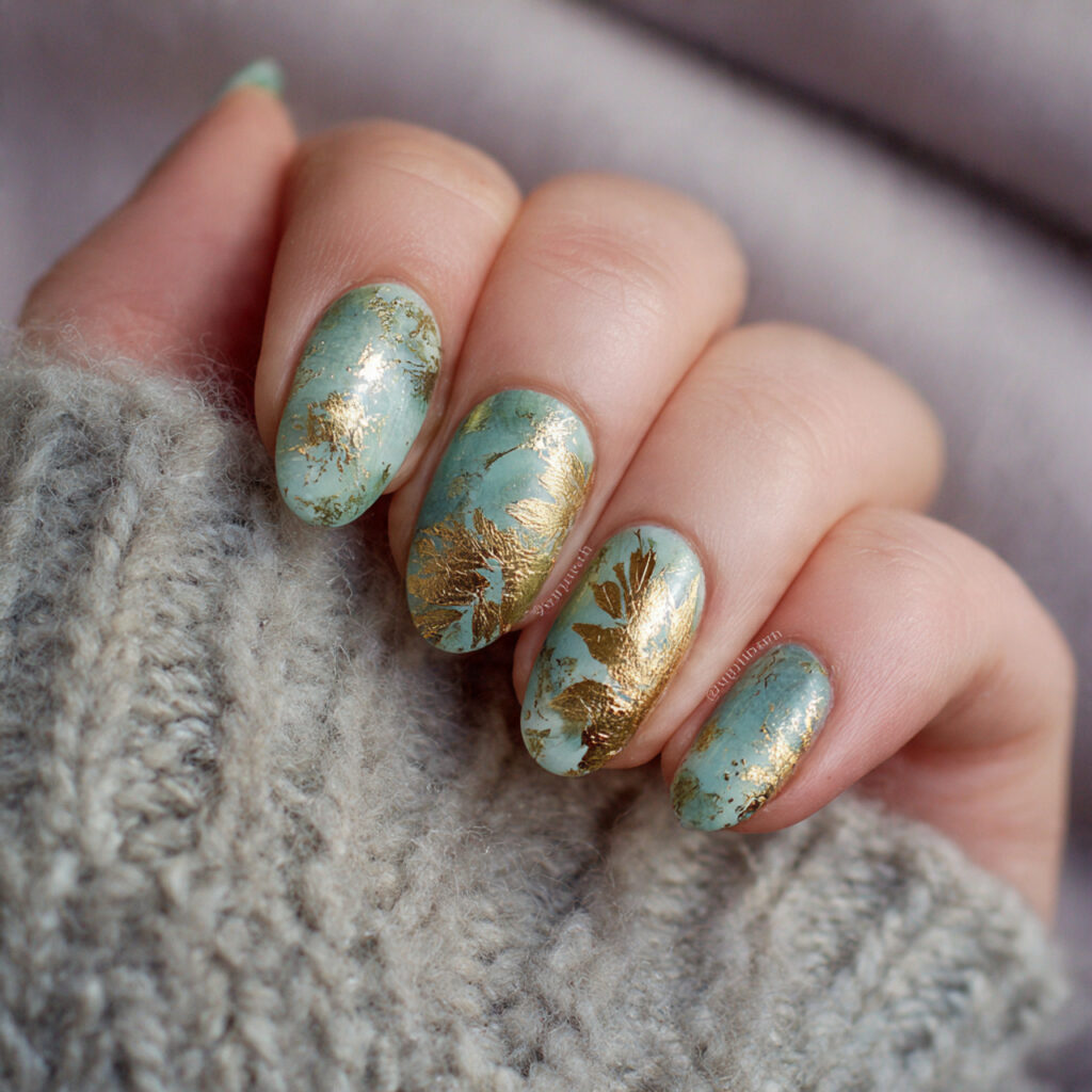 14 Summer Almond Nails That Are So Cute You’ll Want a New Set Every Week 11 gold foil accents nails