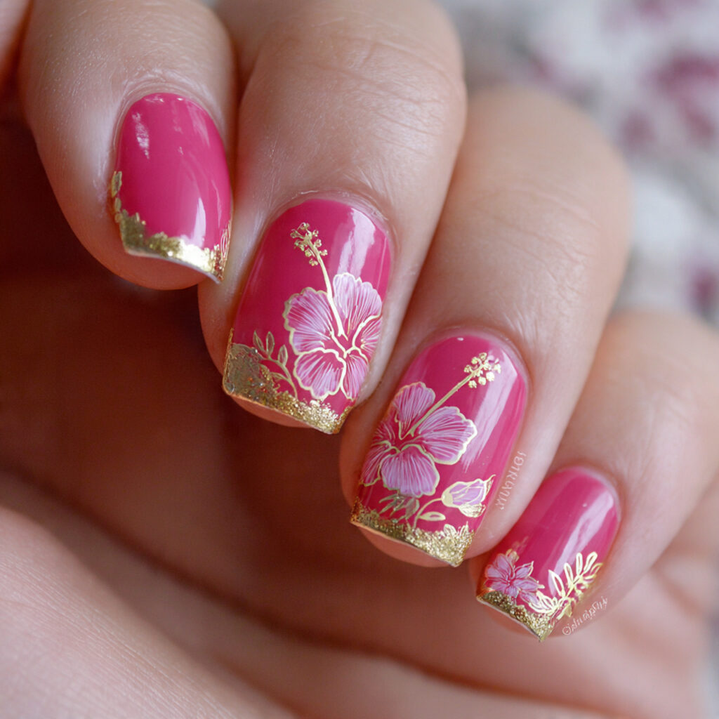 15 Hibiscus Flower Summer Nails That Are Basically a Vacation on Your Hands 16 gold outlined hibiscus nails