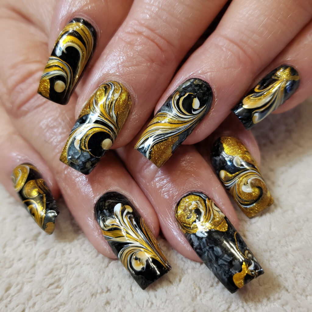 17 Gold Summer Nails That Scream “Main Character Energy” (Because Basic Just Isn’t It) 11 gold swirl designs nails
