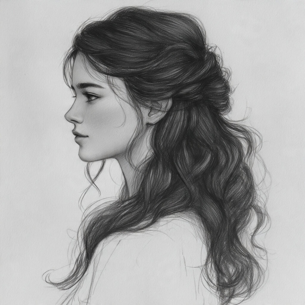 15 Hairstyles Drawing Ideas That Will Instantly Upgrade Your Sketch Game (Yes, Even If You’re Lazy) 11 half up half down style for hairstyles drawing ide