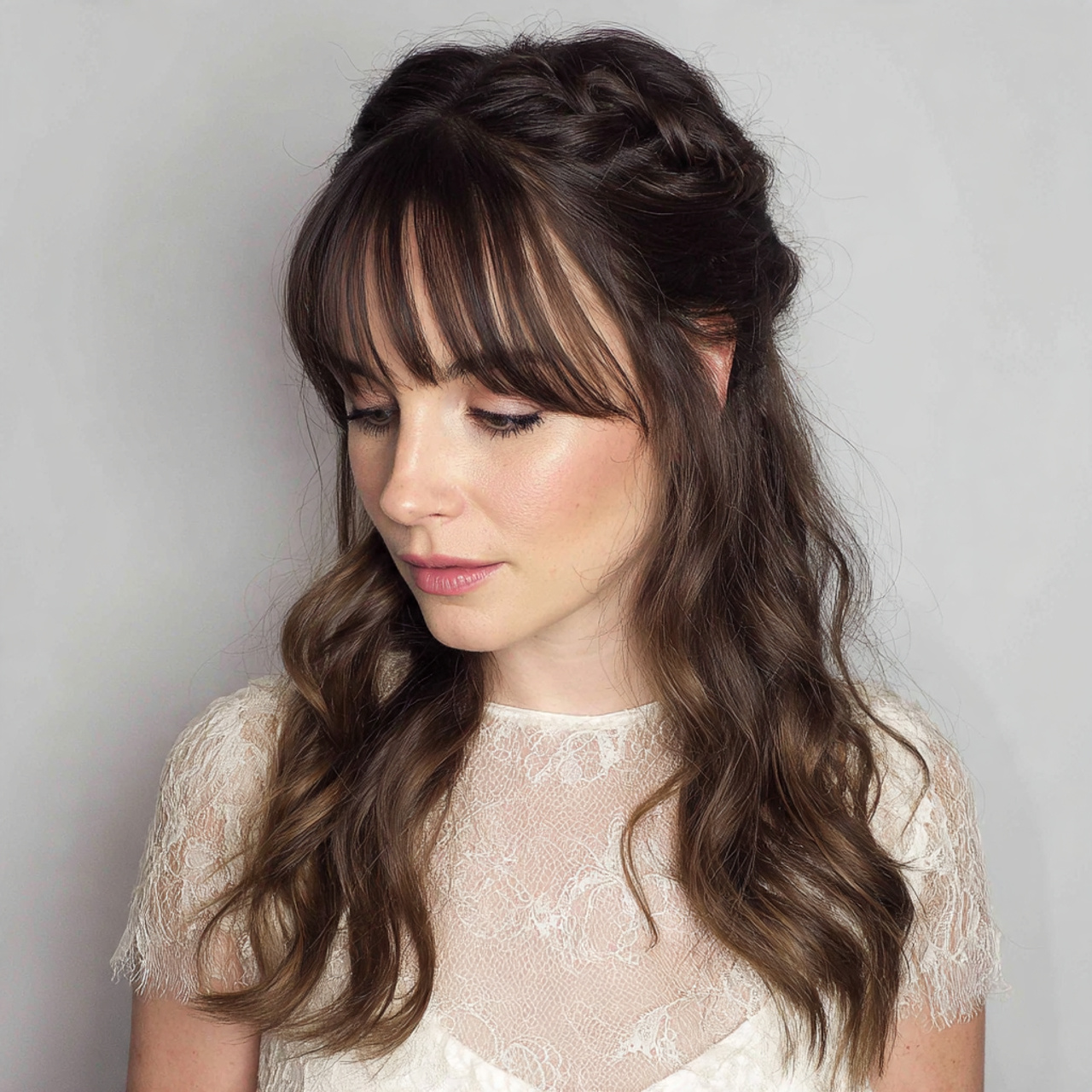 15 Unexpected Hairstyles With Bangs That Are Taking Over Pinterest 13 Half-up wedding hair with bangs