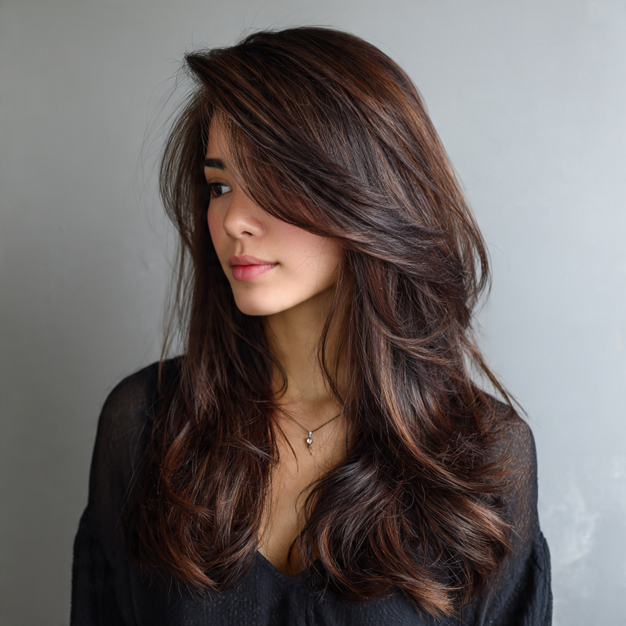 15 Round Face Hairstyles That Instantly Slim, Sculpt & Serve Main-Character Energy 16 Layered Hair with Deep Side Sweep