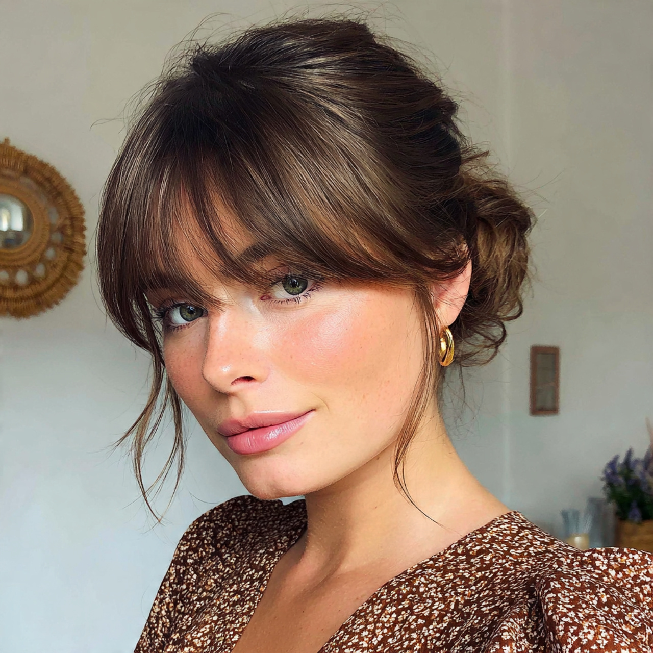 15 Unexpected Hairstyles With Bangs That Are Taking Over Pinterest 10 Low bun with curtain bangs