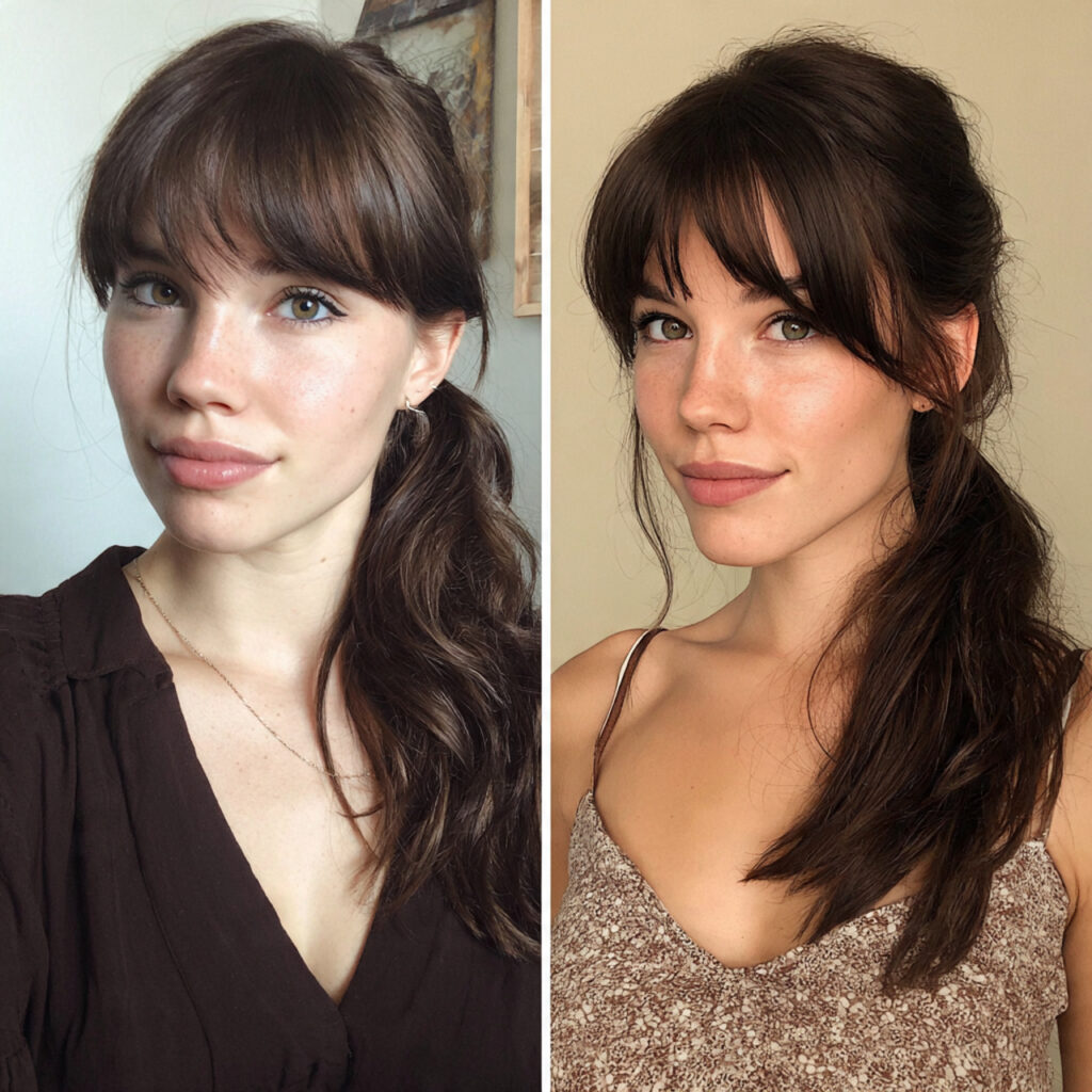 15 Side Bangs Hairstyles That Instantly Make You Look Cooler (Like… Effortlessly Chic Cool) 13 low ponytail with side bangs