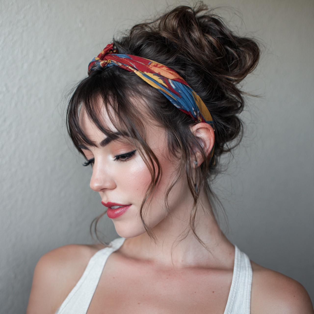 14 Curly Hairstyles with Headbands That Will Instantly Upgrade Your Look (Zero Effort, All Style) 3 Messy Bun + Printed Headband