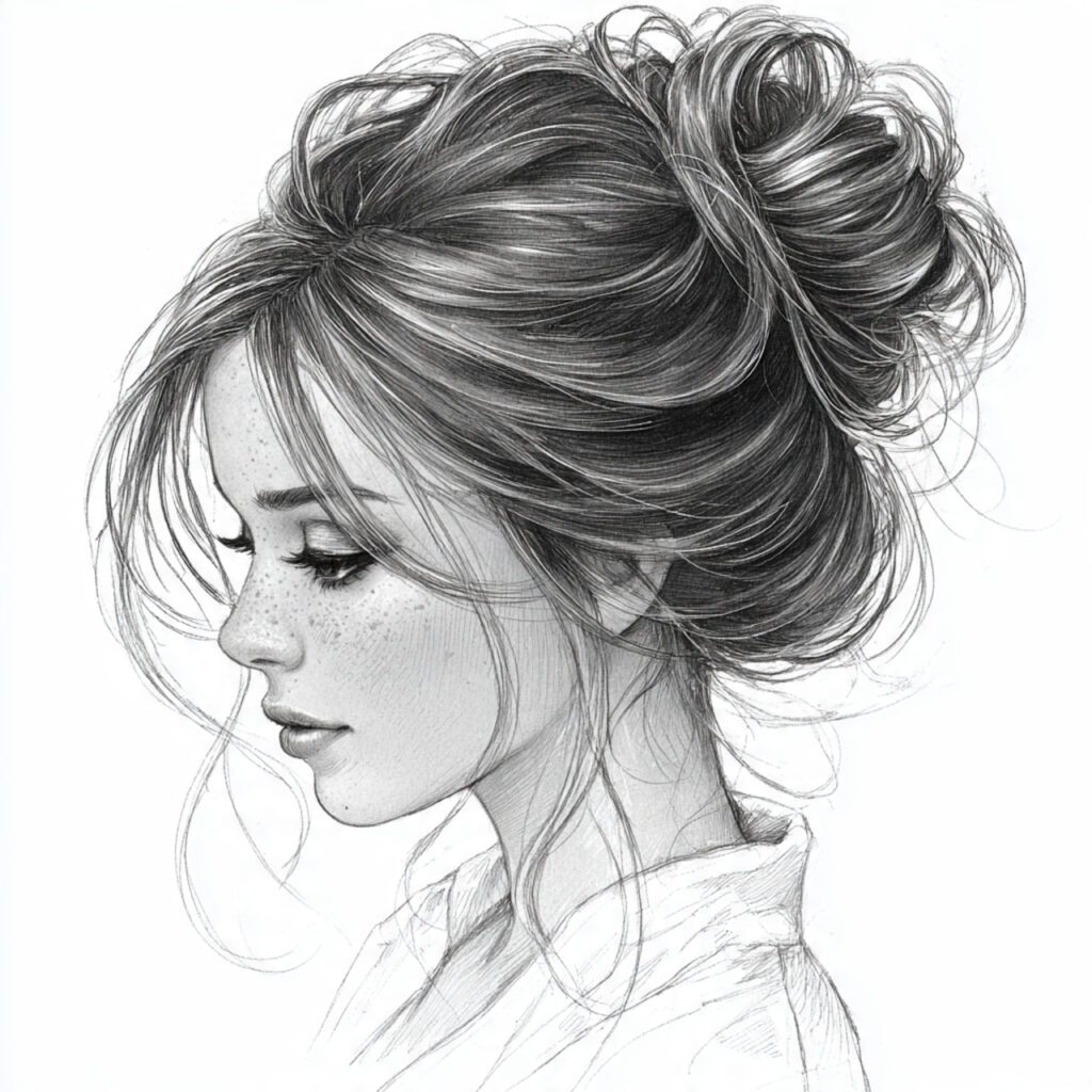 15 Hairstyles Drawing Ideas That Will Instantly Upgrade Your Sketch Game (Yes, Even If You’re Lazy) 2 messy bun with loose strands for hairstyles drawin