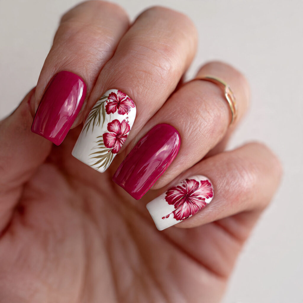 15 Hibiscus Flower Summer Nails That Are Basically a Vacation on Your Hands 4 minimalist hibiscus accent nails