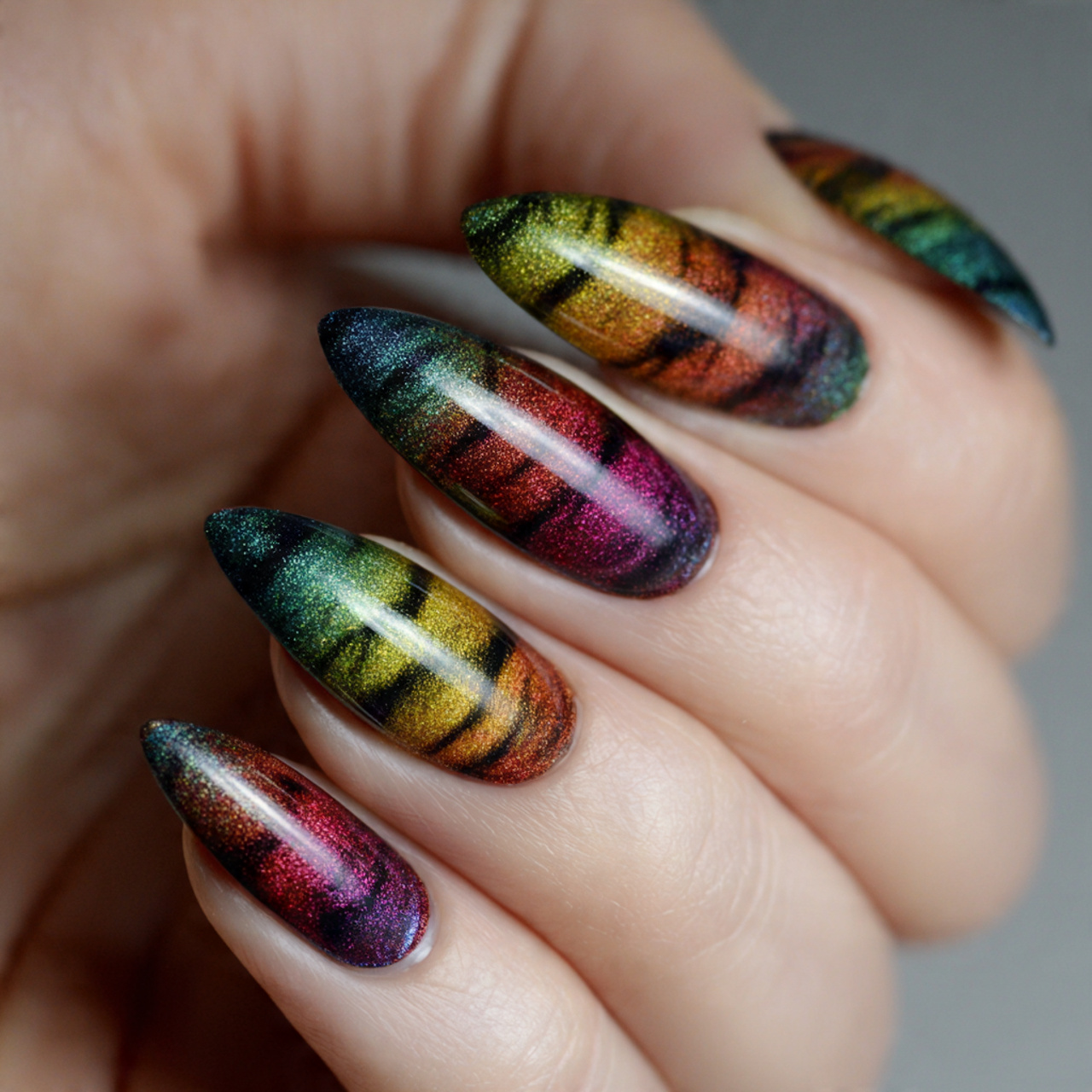 15 Cat Eye Summer Nails That Will Make Your Hands Look Expensive (Without Even Trying) 16 multicolor cat eye nails