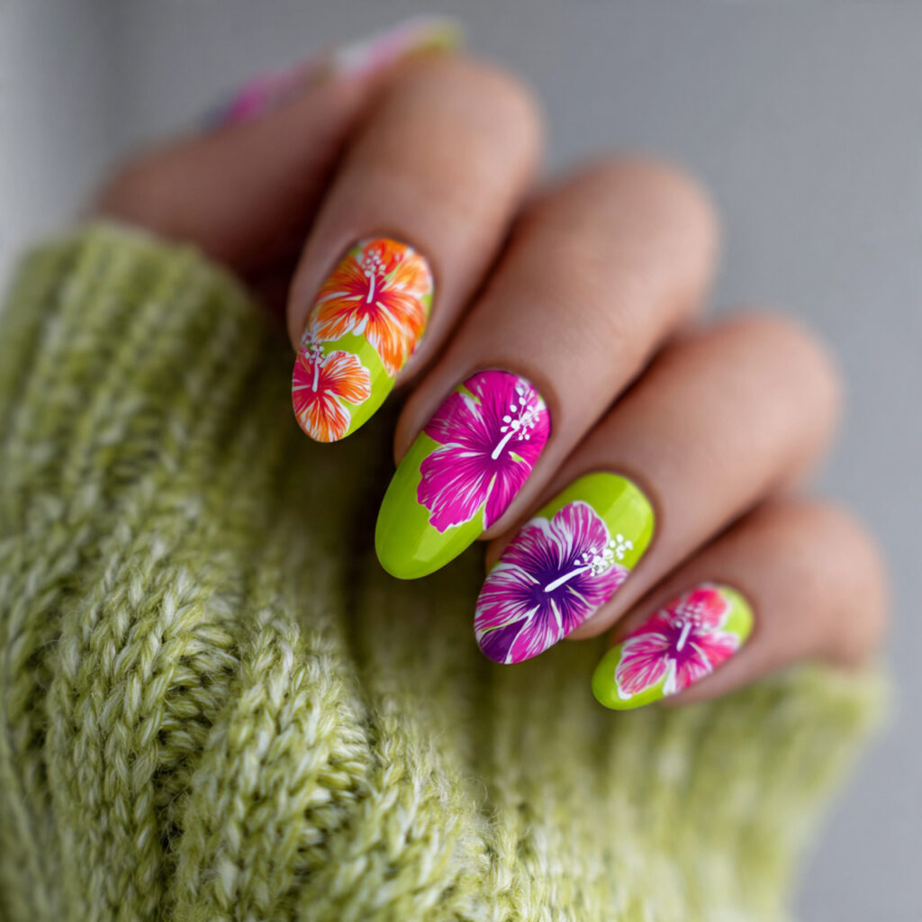 15 Hibiscus Flower Summer Nails That Are Basically a Vacation on Your Hands 5 neon hibiscus pop nails