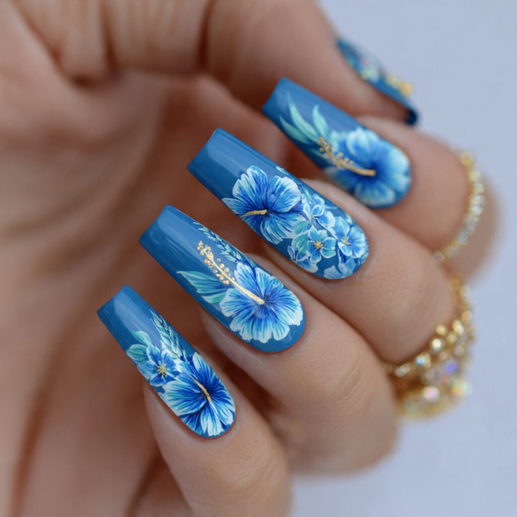 15 Hibiscus Flower Summer Nails That Are Basically a Vacation on Your Hands 14 ocean blue hibiscus nails