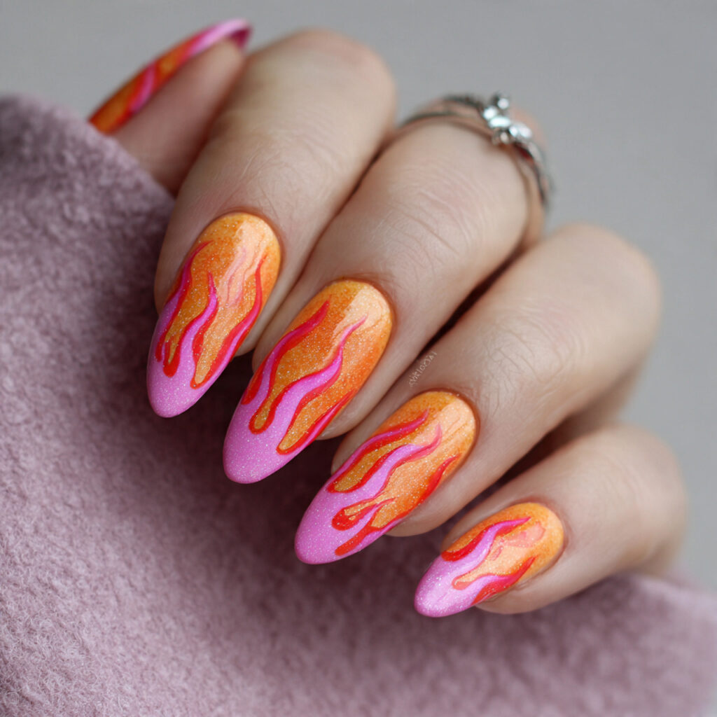 14 Summer Nails Pink and Orange Ideas That Are Literally Too Cute to Ignore 9 orange base with pink flames nails