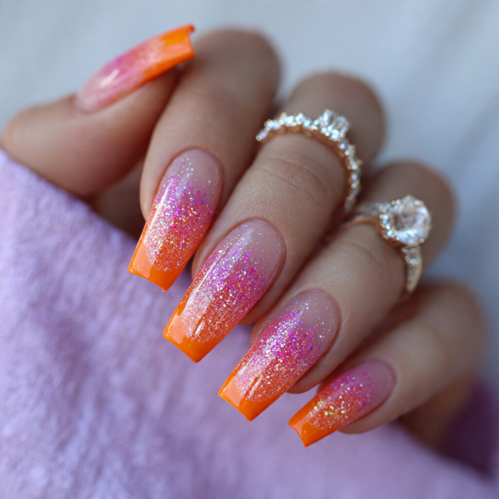 14 Summer Nails Pink and Orange Ideas That Are Literally Too Cute to Ignore 14 orange tips with pink glitter fade nails