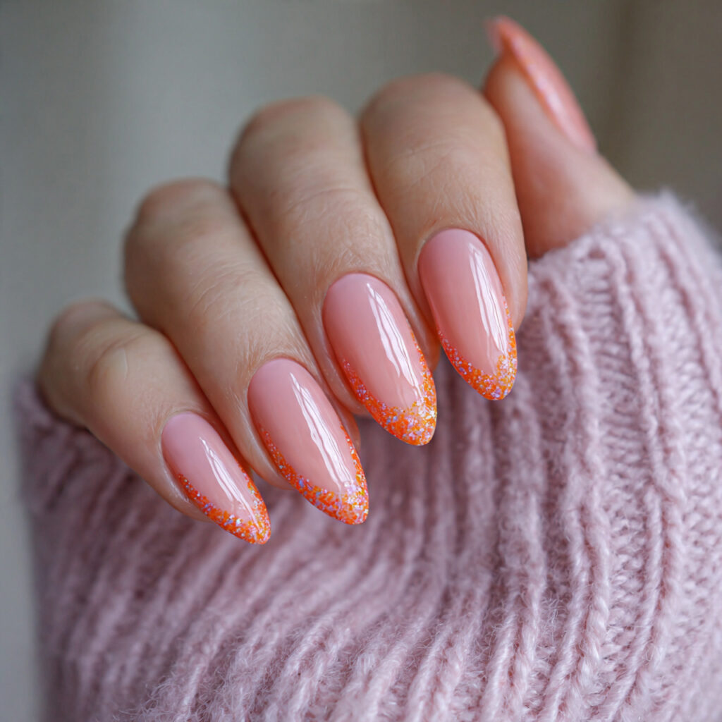 14 Summer Nails Pink and Orange Ideas That Are Literally Too Cute to Ignore 8 peachy pink gloss with orange glitter accent nails