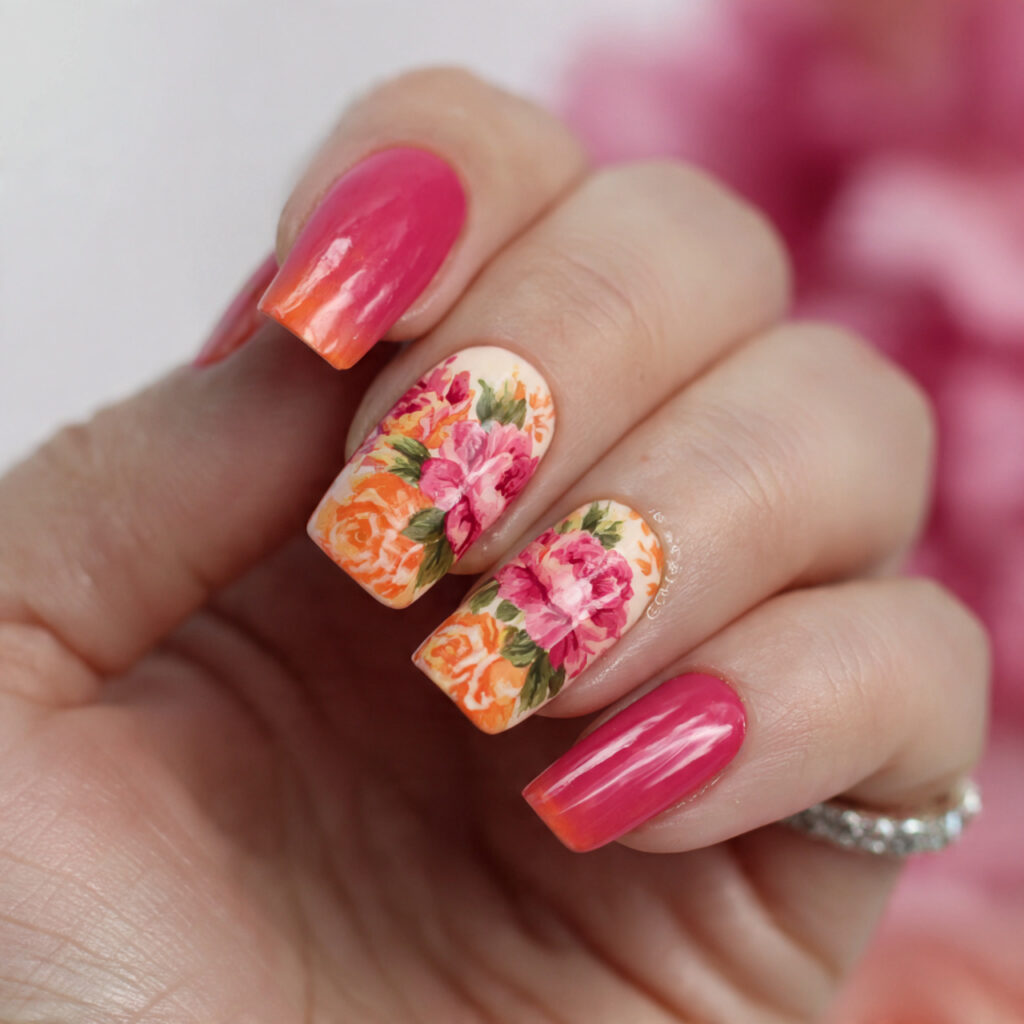14 Summer Nails Pink and Orange Ideas That Are Literally Too Cute to Ignore 6 pink and orange floral nails