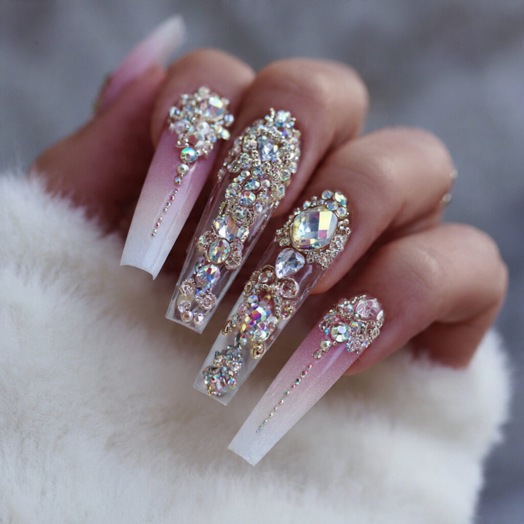 18 Long Summer Nails That Will Have You Booking a Salon Appointment ASAP 19 rhinestone glam long nails