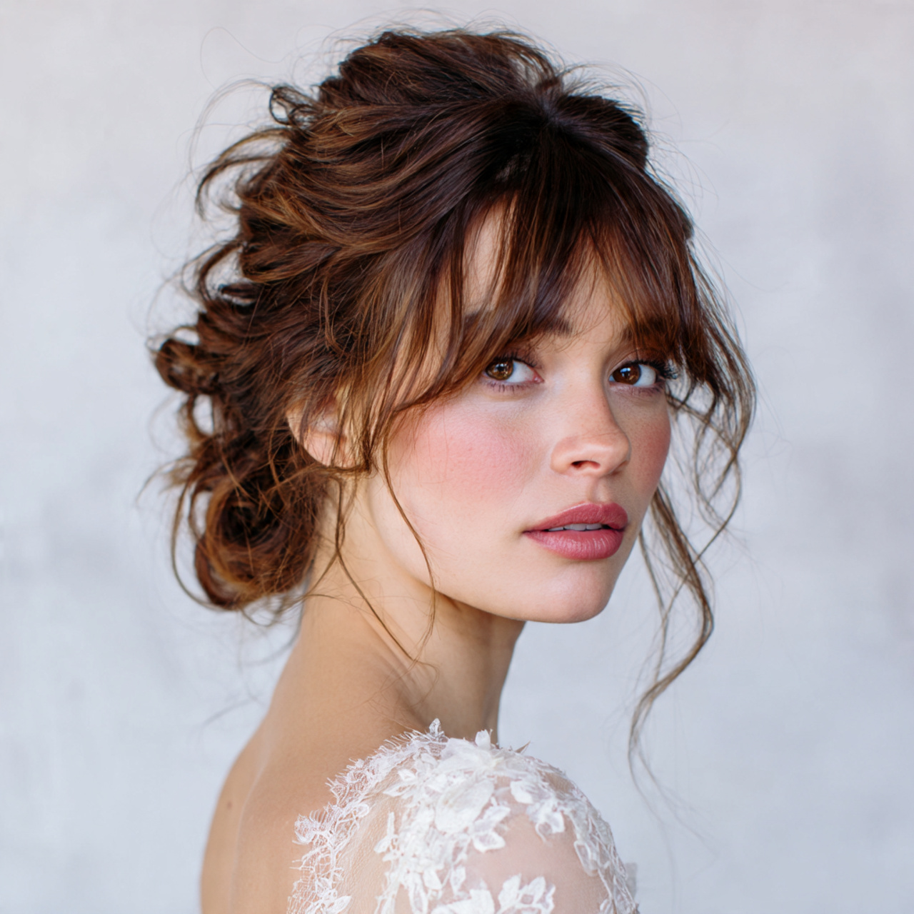 15 Unexpected Hairstyles With Bangs That Are Taking Over Pinterest 12 Romantic wedding updo with fringe