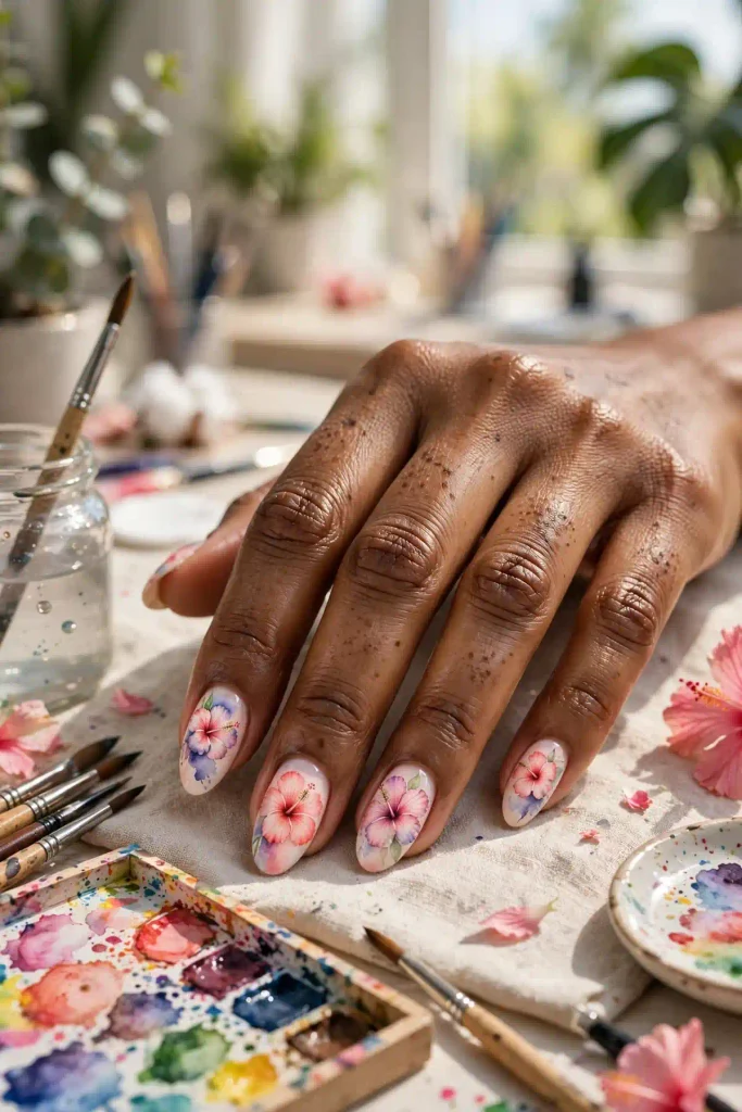 15 Hibiscus Flower Summer Nails: A Whole Garden on Ten Nails 5 s03 watercolor bloom