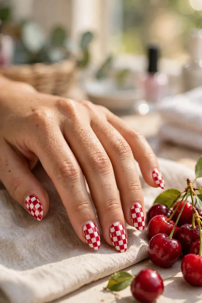 14 Checkered Summer Nails: The Pattern That Never Misses 6 s04 cherry red white checkerboard