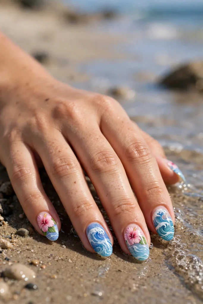 15 Hibiscus Flower Summer Nails: A Whole Garden on Ten Nails 12 s10 hibiscus ocean waves