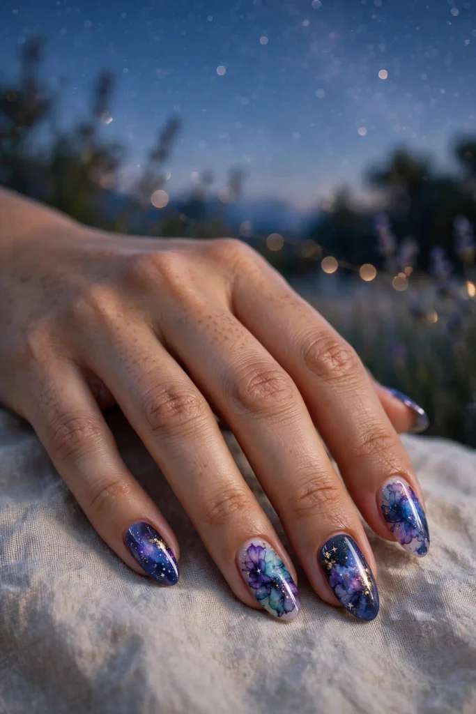 16 Summer Blooming Gel Nail: Where Chemistry Becomes Art 13 s11 galaxy bloom