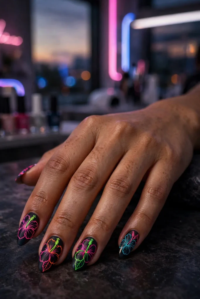 15 Hibiscus Flower Summer Nails: A Whole Garden on Ten Nails 16 s14 neon line hibiscus