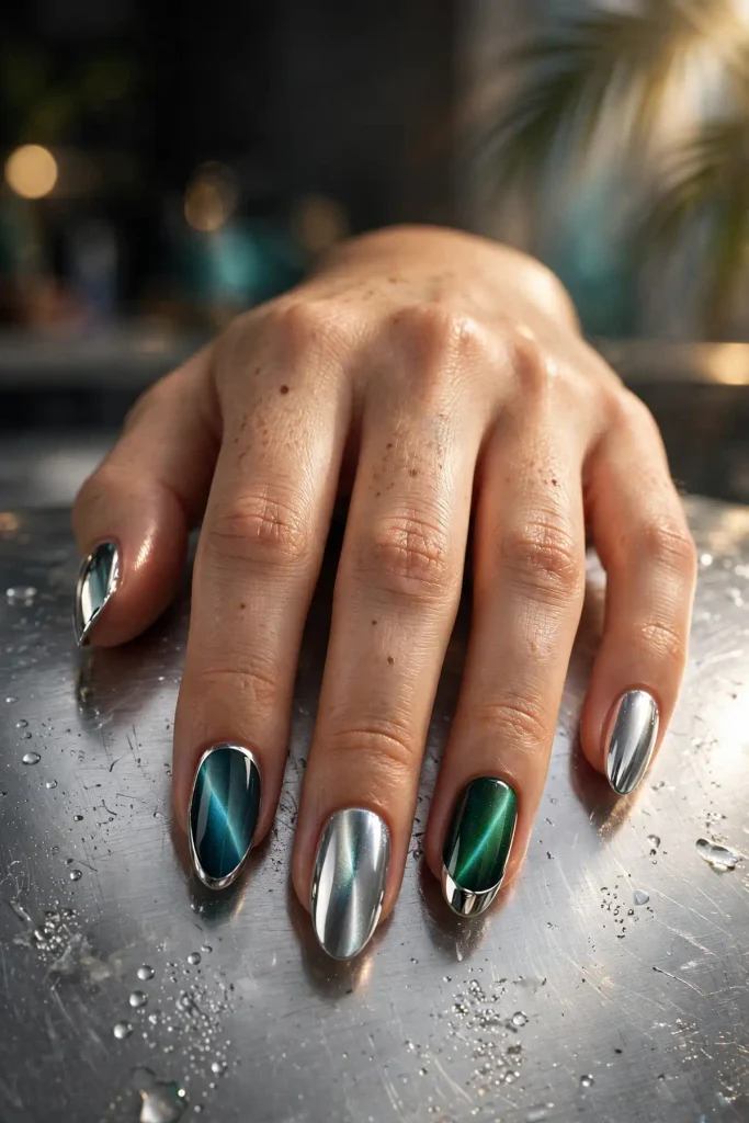 15 Cat Eye Summer Nails: Light You Can Wear 17 s15 cat eye chrome combo
