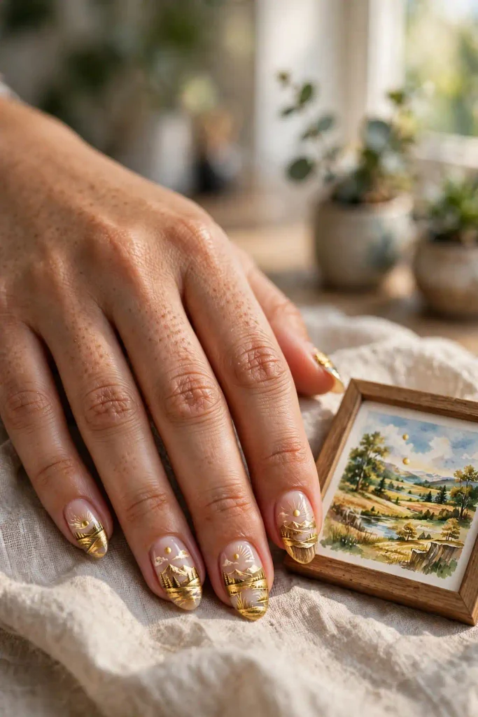 17 Gold Summer Nails: The Midas Touch, Done Right 19 s17 gilded landscape