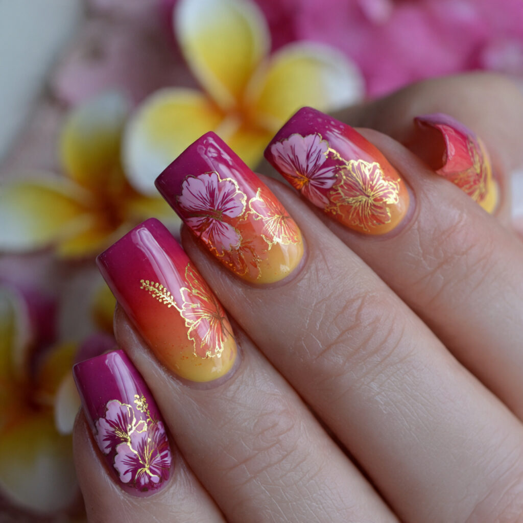 15 Hibiscus Flower Summer Nails That Are Basically a Vacation on Your Hands 3 sunset ombre hibiscus nails