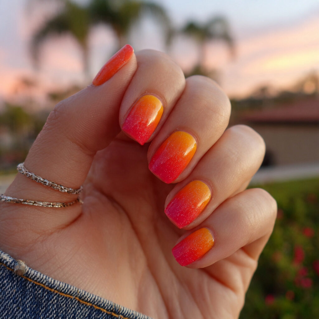 14 Summer Nails Pink and Orange Ideas That Are Literally Too Cute to Ignore 3 sunset ombre nails 1