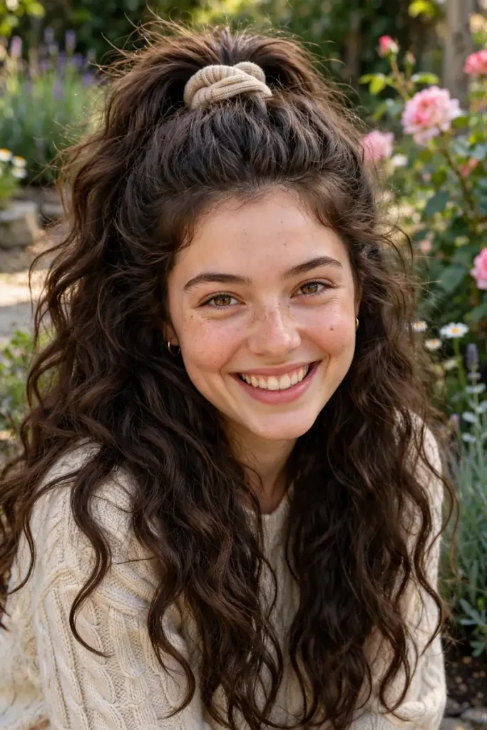 17 Easy Hairstyles for Thick Hair Sorted by How Many Elastics and Pins You Actually Need 6 thick 05 halfup ponytail