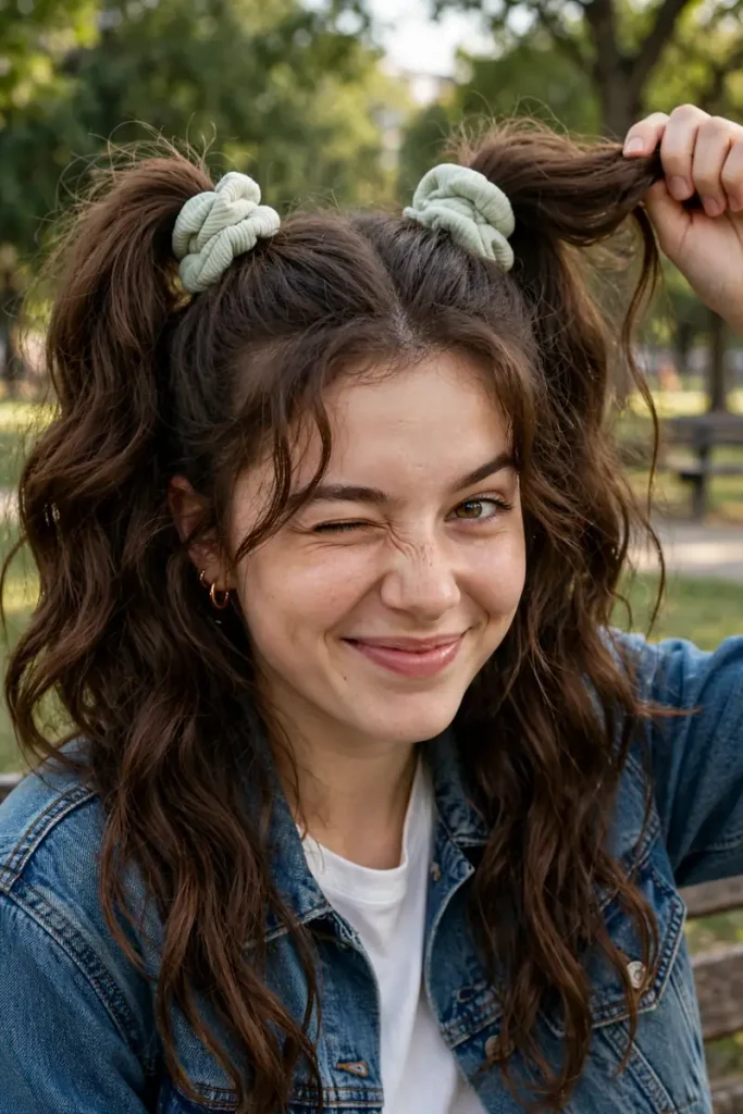 17 Easy Hairstyles for Thick Hair Sorted by How Many Elastics and Pins You Actually Need 7 thick 06 double ponytails