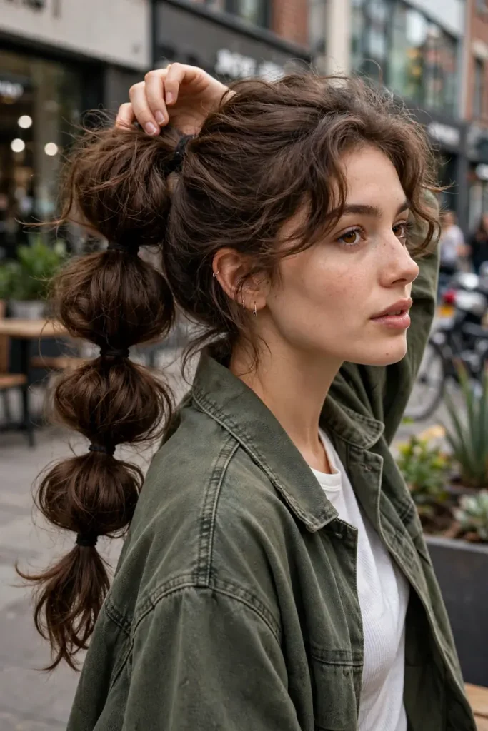 17 Easy Hairstyles for Thick Hair Sorted by How Many Elastics and Pins You Actually Need 8 thick 07 bubble ponytail